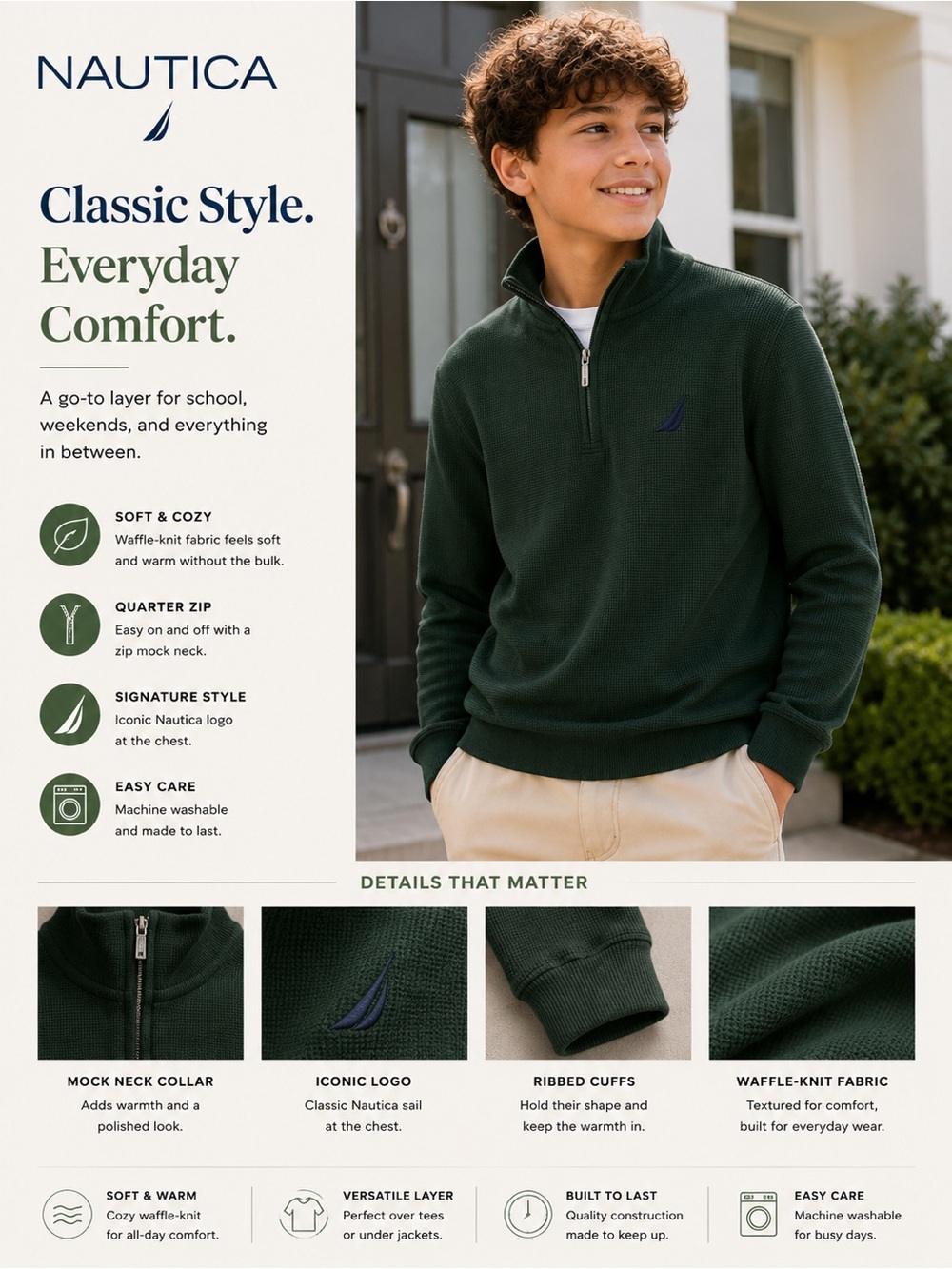 Nautica Men's Dark Green Quarter-Zip Waffle-Knit Sweater